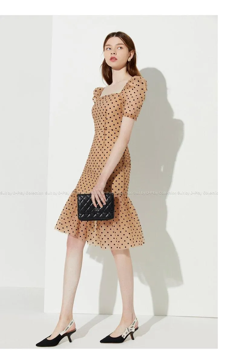FINAL SALE New wave polka dot puff sleeve French square neck fishtail dress - Carly