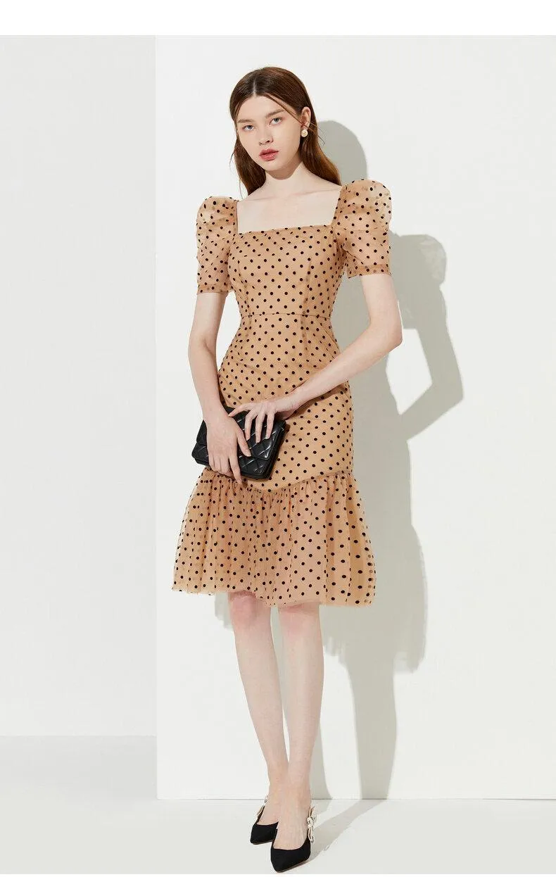 FINAL SALE New wave polka dot puff sleeve French square neck fishtail dress - Carly