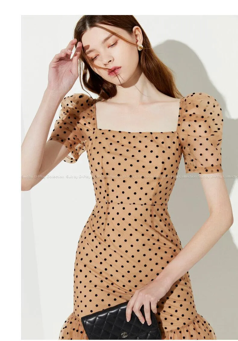 FINAL SALE New wave polka dot puff sleeve French square neck fishtail dress - Carly