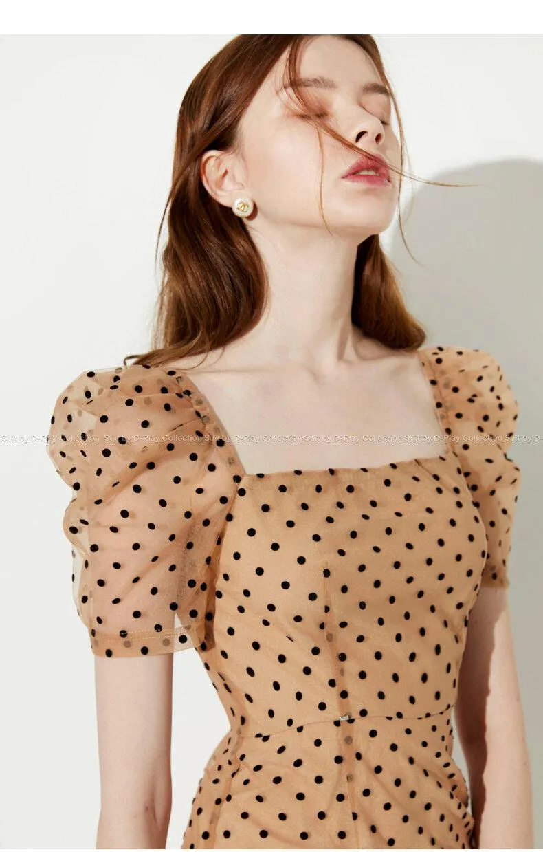 FINAL SALE New wave polka dot puff sleeve French square neck fishtail dress - Carly