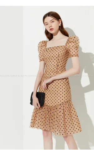 FINAL SALE New wave polka dot puff sleeve French square neck fishtail dress - Carly