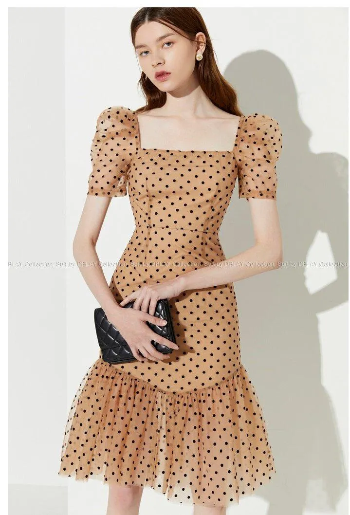 FINAL SALE New wave polka dot puff sleeve French square neck fishtail dress - Carly