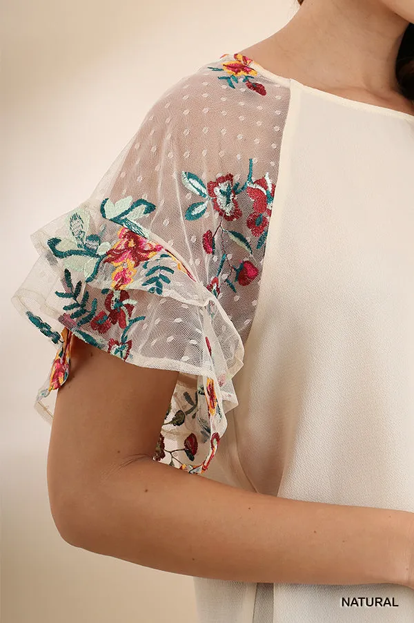 Floral Embroidered Layered & Ruffled Sleeve Top, Natural