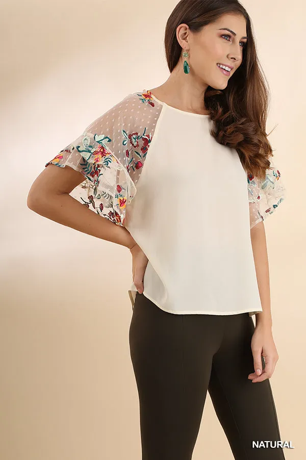 Floral Embroidered Layered & Ruffled Sleeve Top, Natural