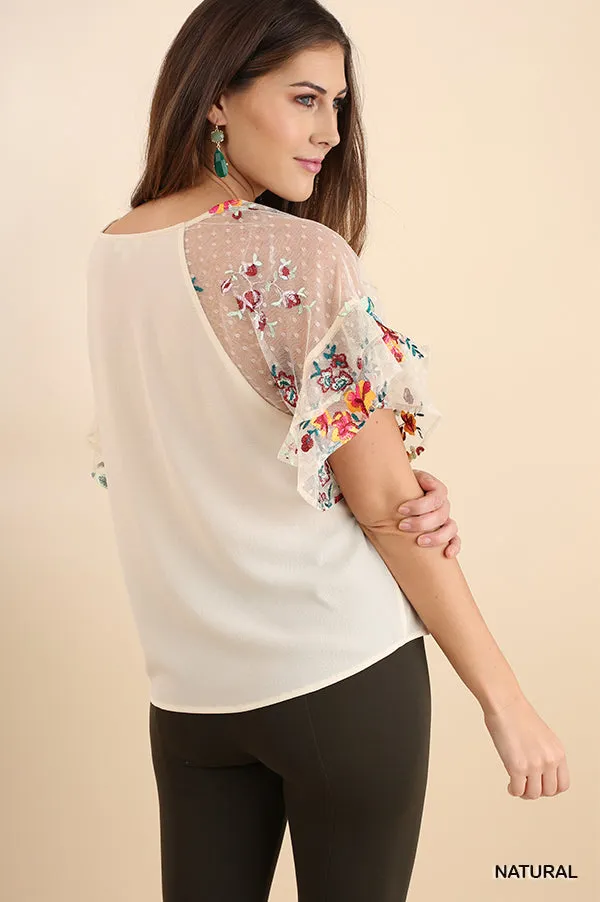 Floral Embroidered Layered & Ruffled Sleeve Top, Natural