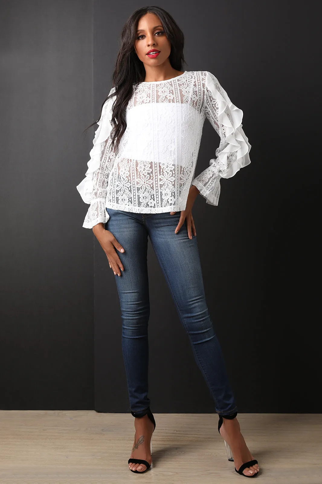 Floral Lace Ruffled Long Sleeve Top