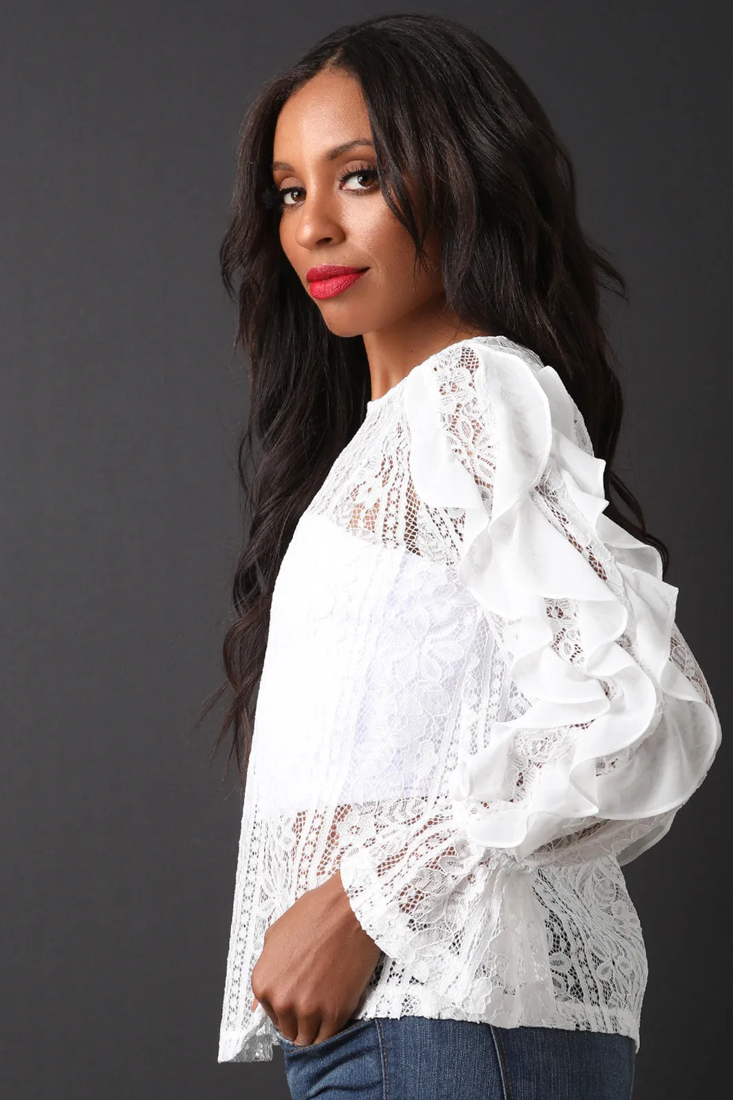 Floral Lace Ruffled Long Sleeve Top
