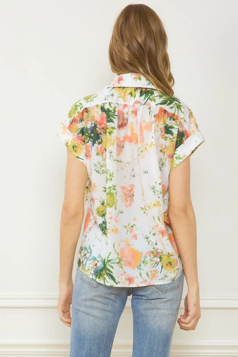 Floral Print Collared Button Up SS Top