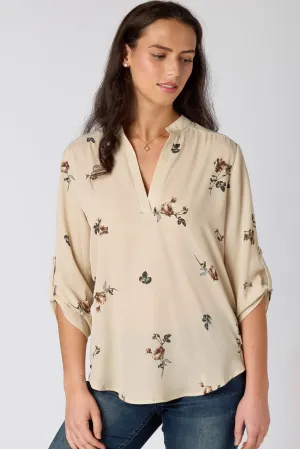 Floral Printed V-Neck Blouse with Roll-Tab Sleeves