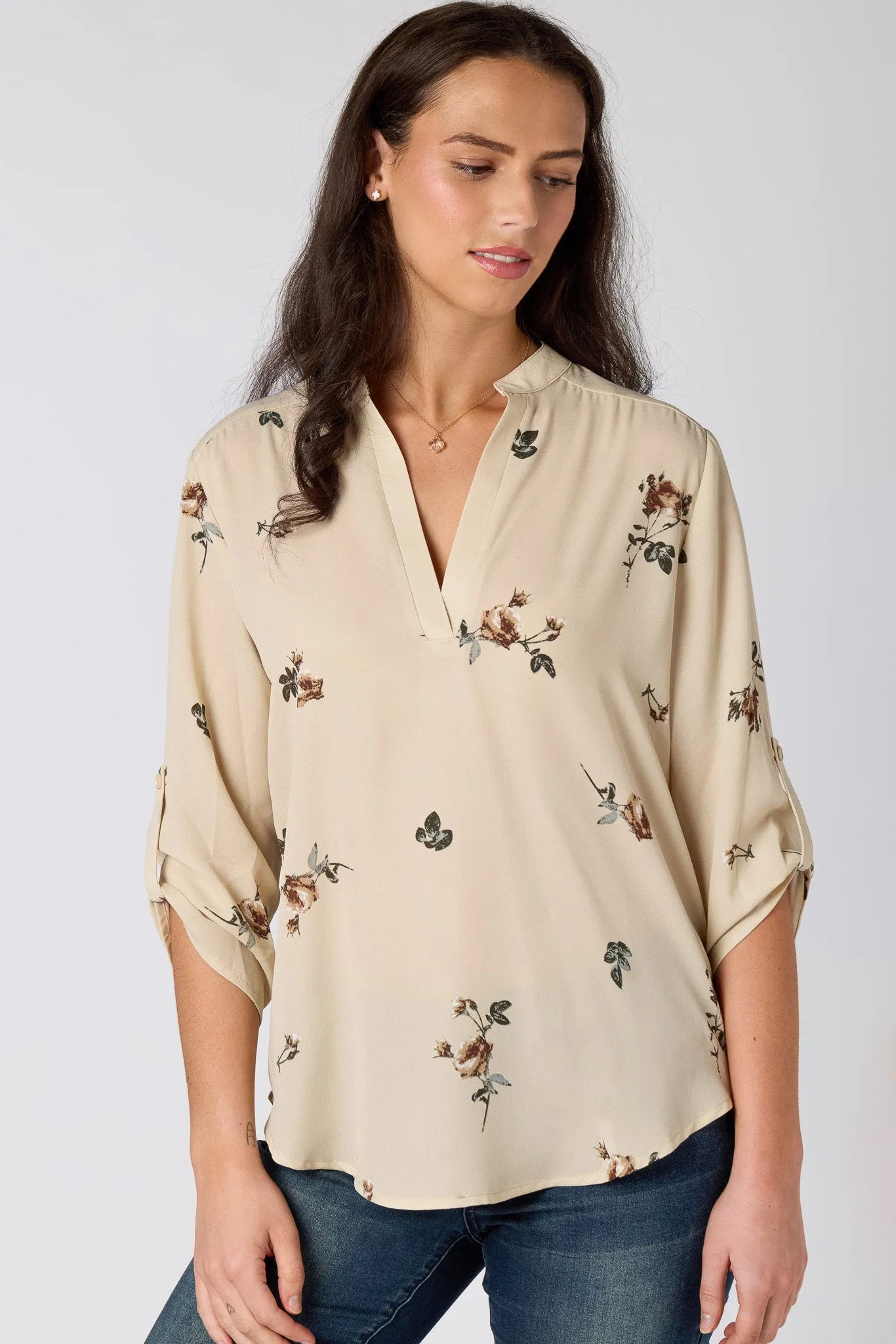 Floral Printed V-Neck Blouse with Roll-Tab Sleeves