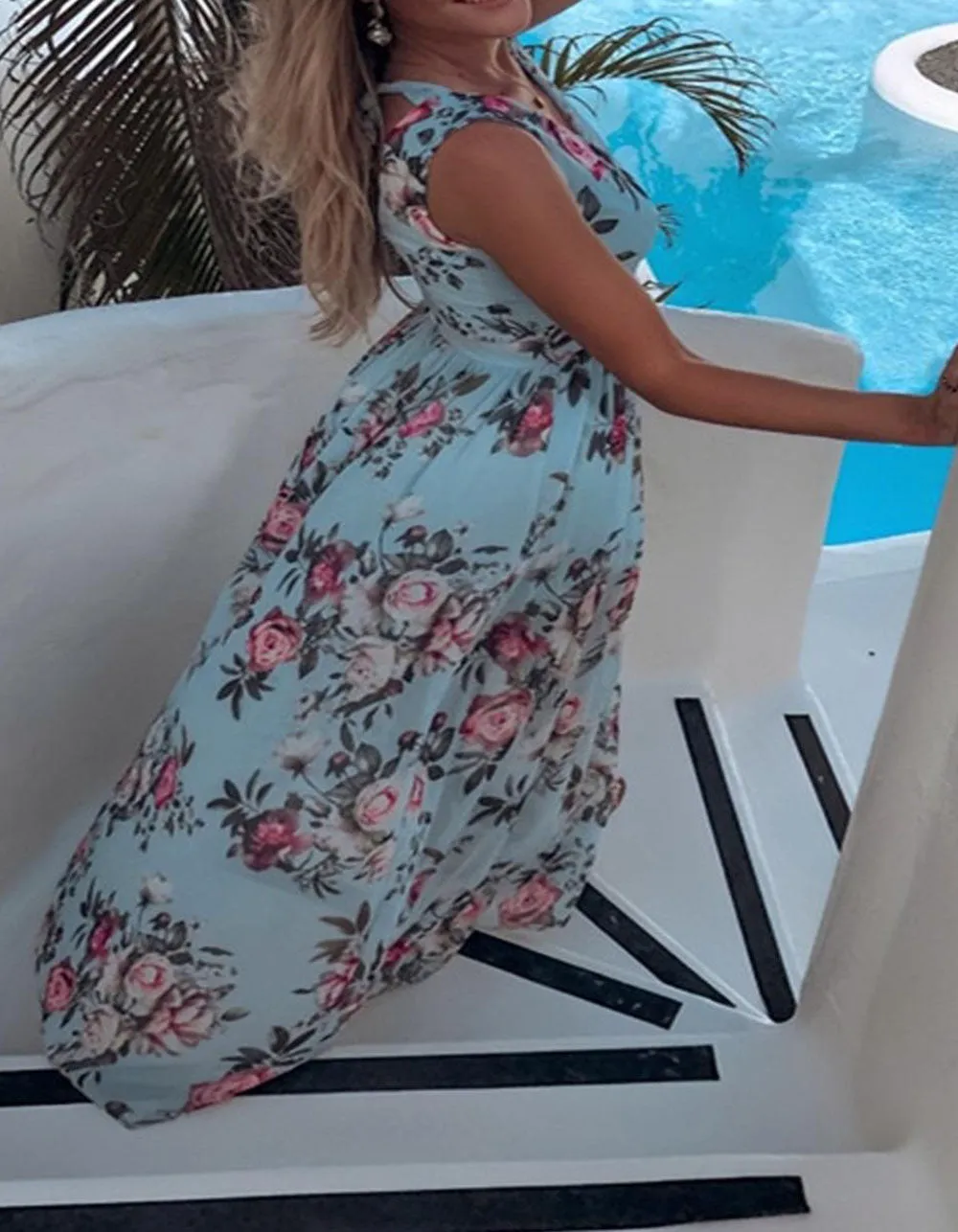 Floral Printed V Neck Sleeveless Resort Beach Split Chiffon Long Dress