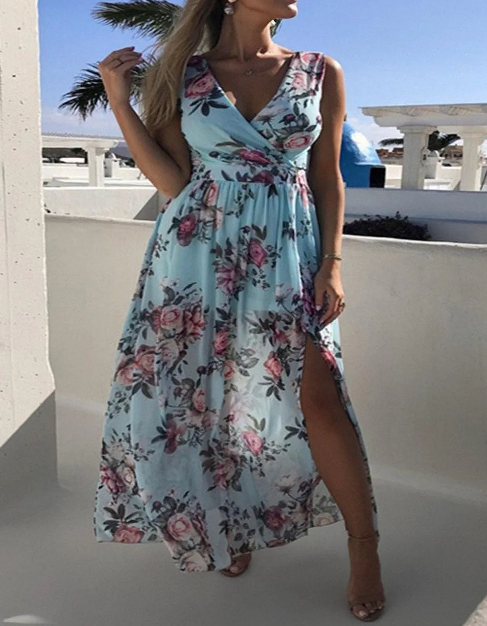 Floral Printed V Neck Sleeveless Resort Beach Split Chiffon Long Dress