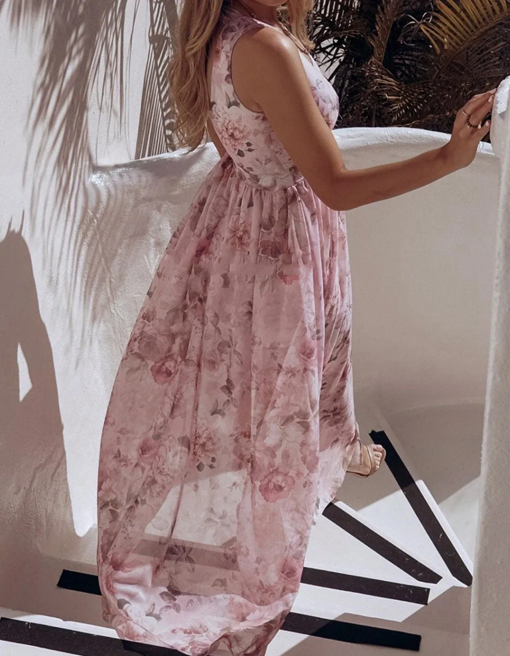 Floral Printed V Neck Sleeveless Resort Beach Split Chiffon Long Dress