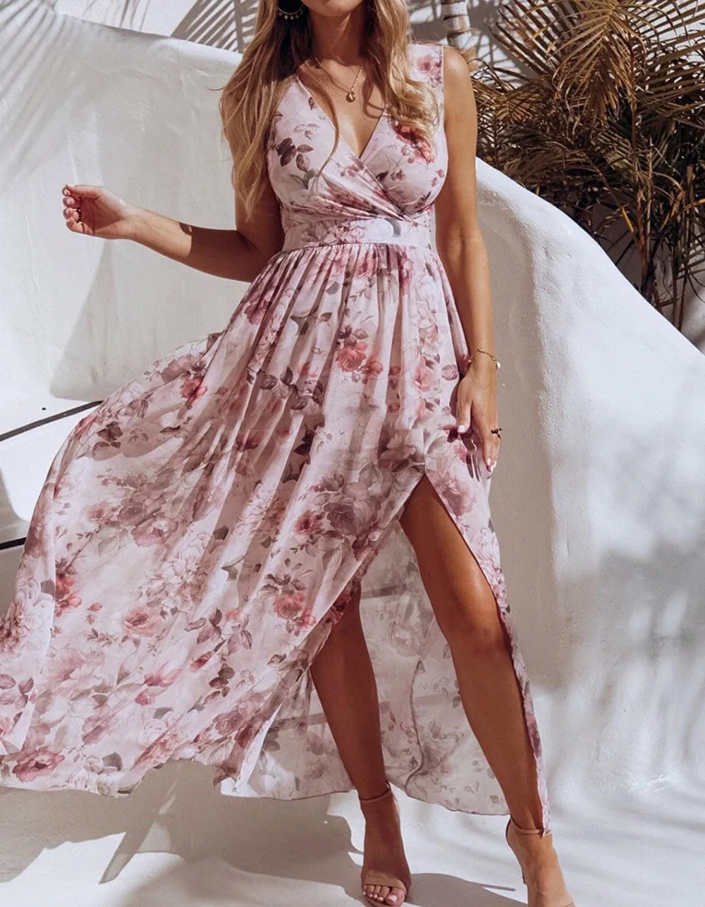 Floral Printed V Neck Sleeveless Resort Beach Split Chiffon Long Dress