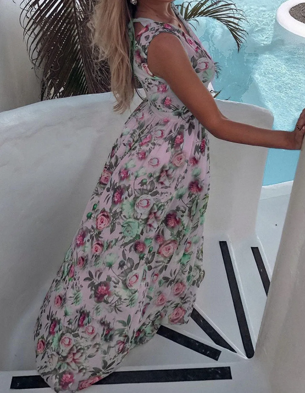 Floral Printed V Neck Sleeveless Resort Beach Split Chiffon Long Dress