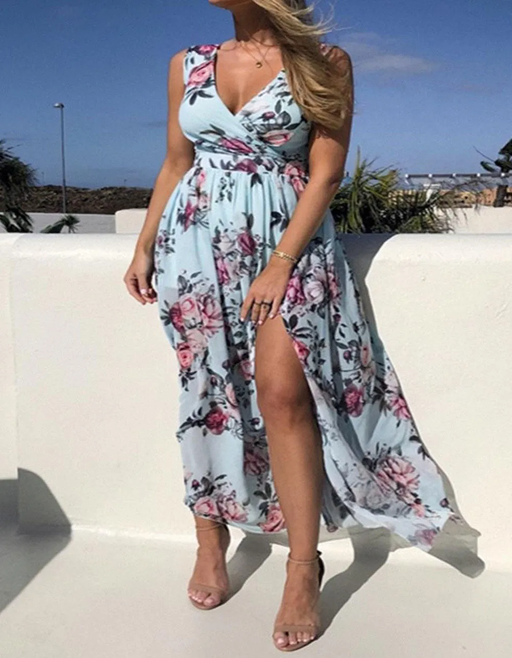 Floral Printed V Neck Sleeveless Resort Beach Split Chiffon Long Dress