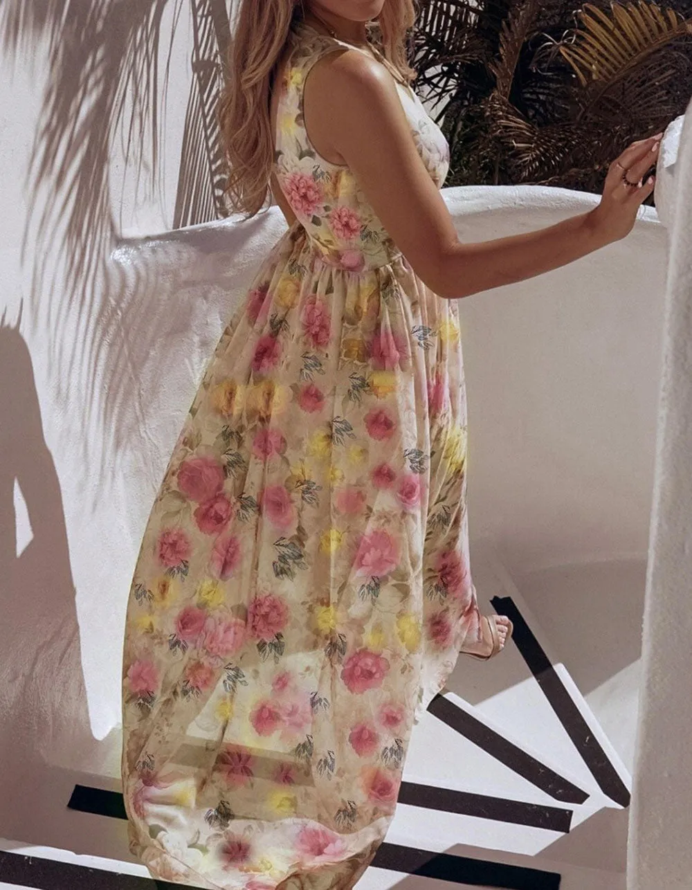 Floral Printed V Neck Sleeveless Resort Beach Split Chiffon Long Dress