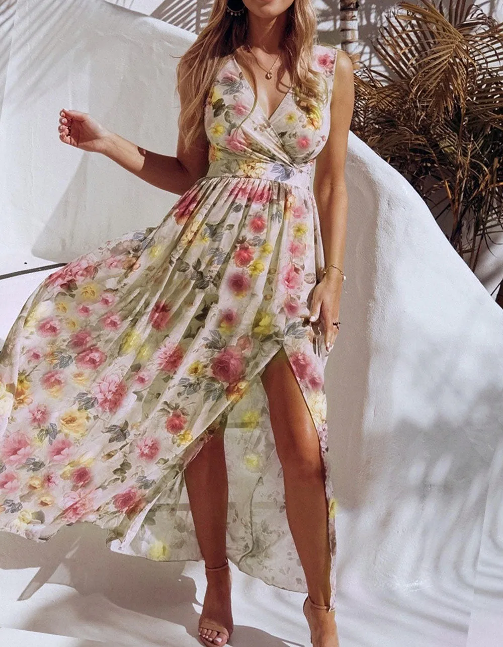Floral Printed V Neck Sleeveless Resort Beach Split Chiffon Long Dress