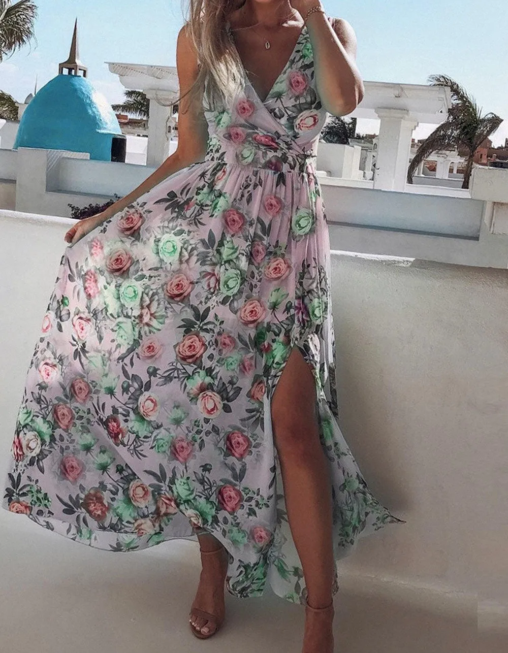 Floral Printed V Neck Sleeveless Resort Beach Split Chiffon Long Dress