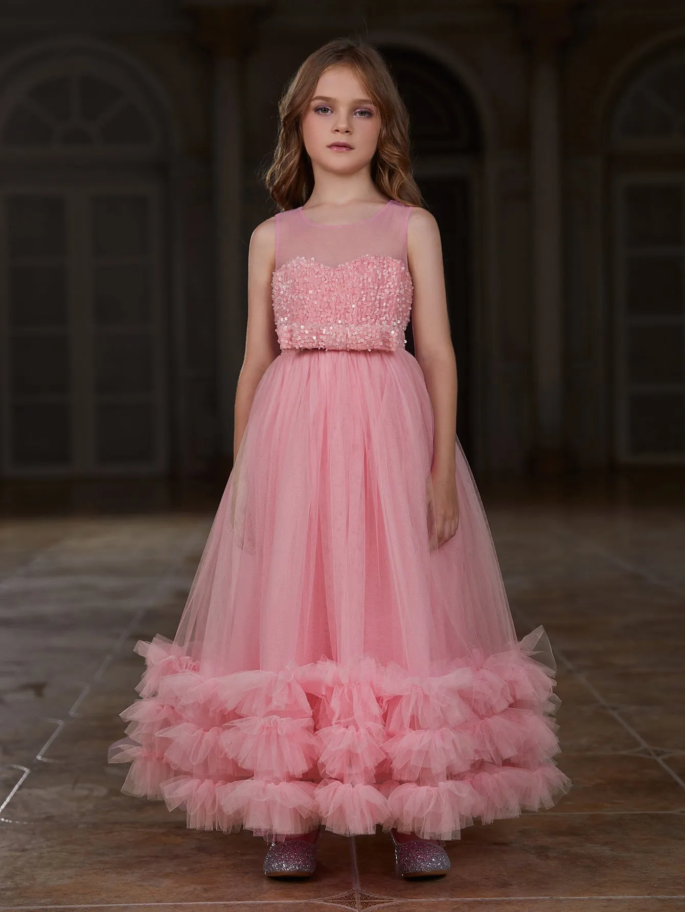 Girl's Sleeveless Contrast Sequin Mesh Layered Hem Dress