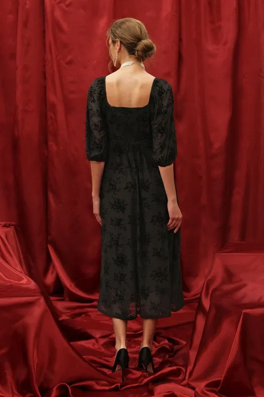 ISLA FLORAL VELVET LONG SLEEVE TWIST FRONT MIDI DRESS