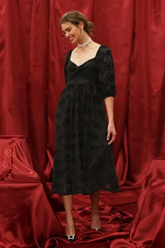 ISLA FLORAL VELVET LONG SLEEVE TWIST FRONT MIDI DRESS