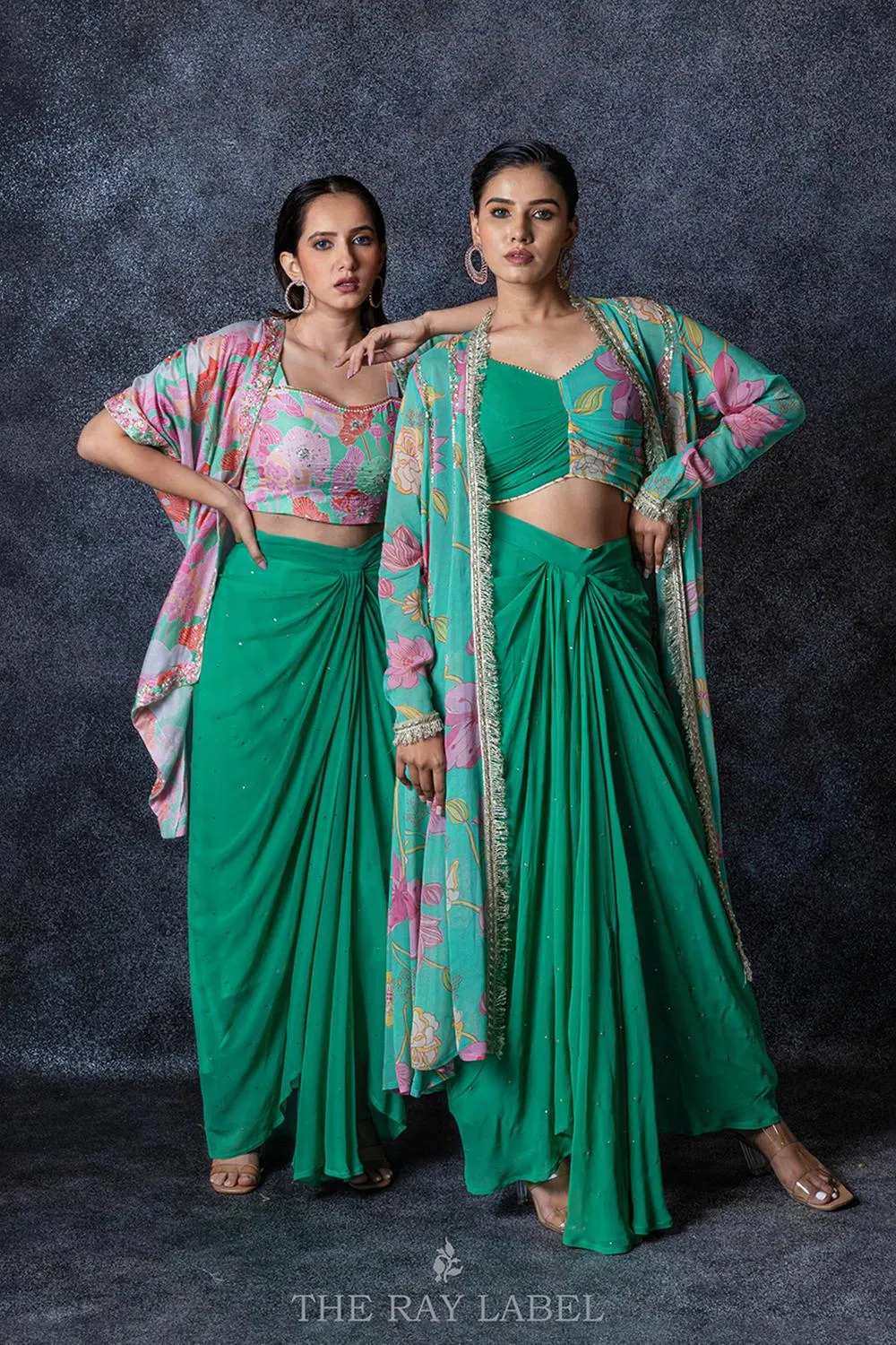 Jade Green Pre Draped Skirt Set