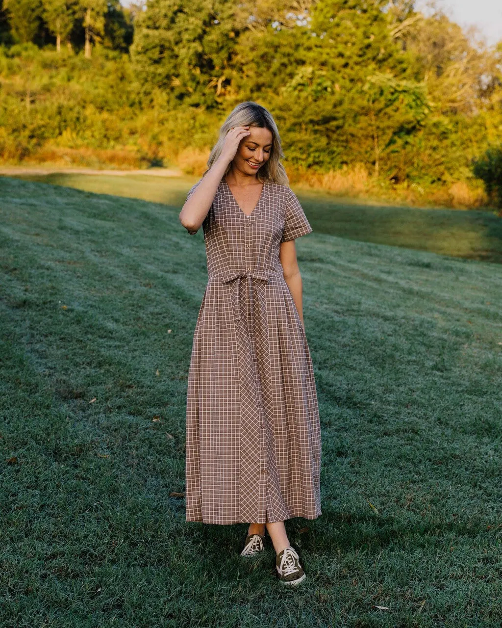 June Dress in Beige Plaid - XS, S, M Left