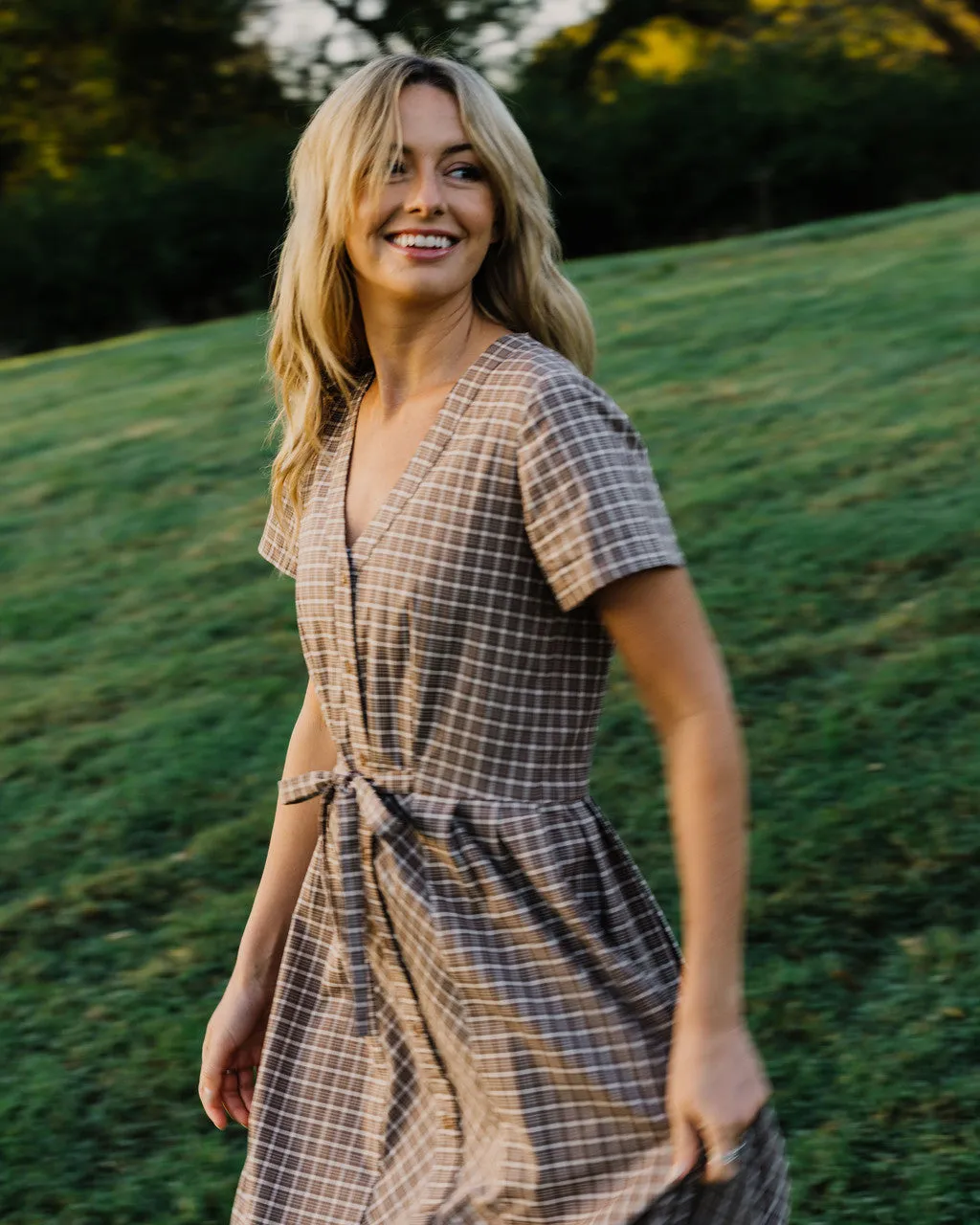 June Dress in Beige Plaid - XS, S, M Left