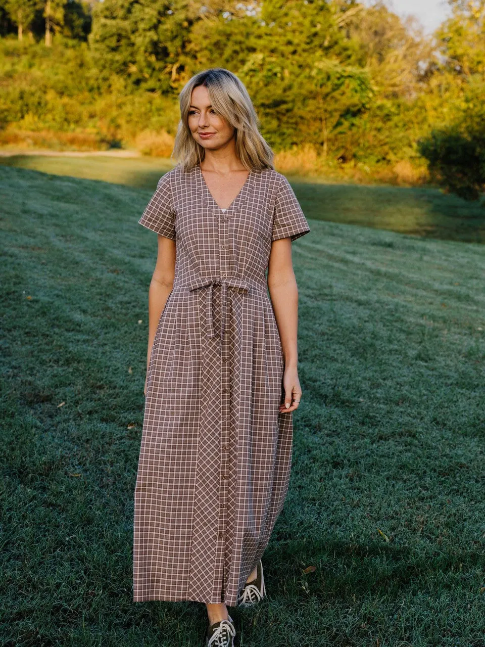 June Dress in Beige Plaid - XS, S, M Left