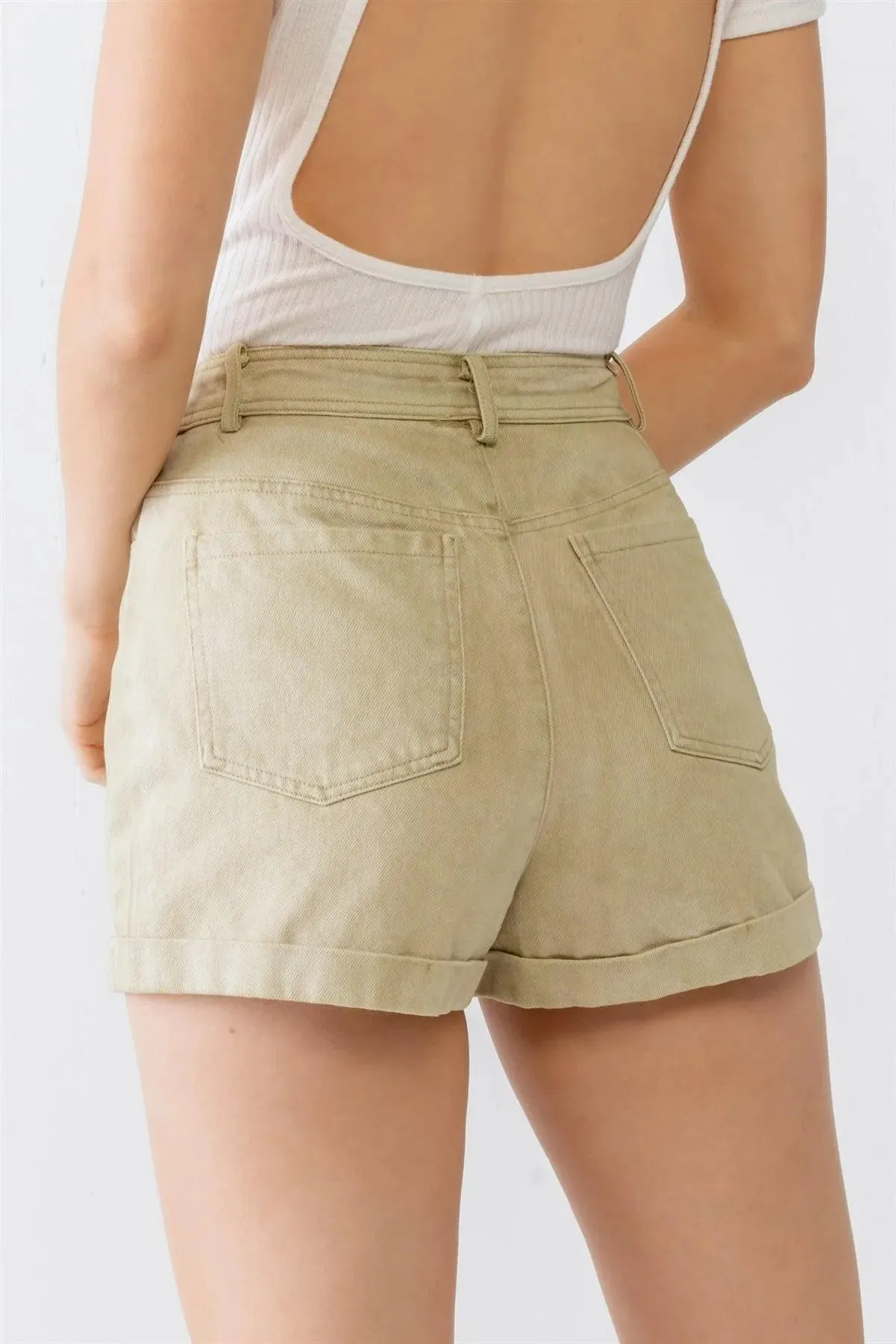 Light Sage Cotton Denim High Waist Shorts /1-2-2-1