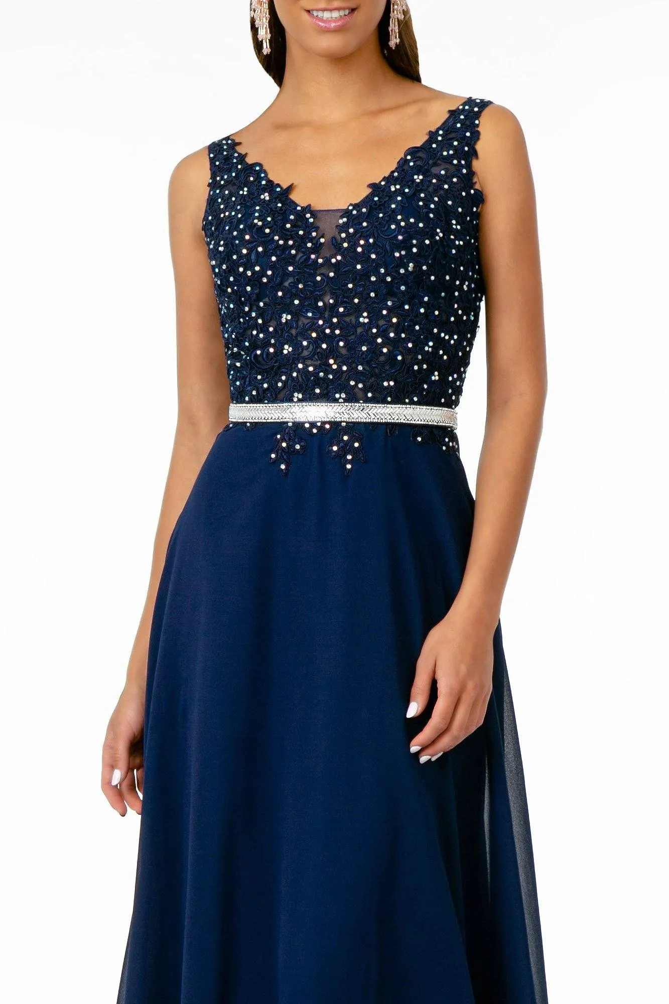 Long Illusion V-Neck Dress with Embroidered Top by Elizabeth K GL2653