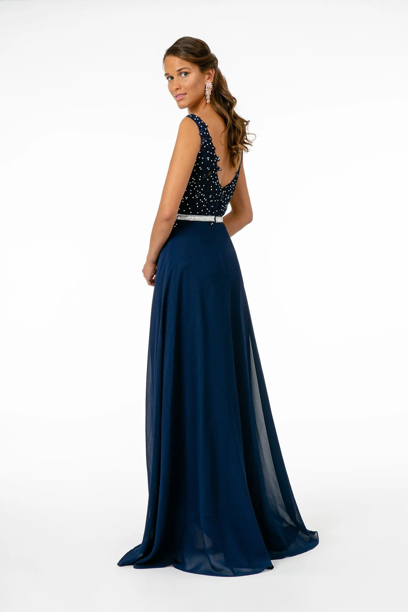 Long Illusion V-Neck Dress with Embroidered Top by Elizabeth K GL2653