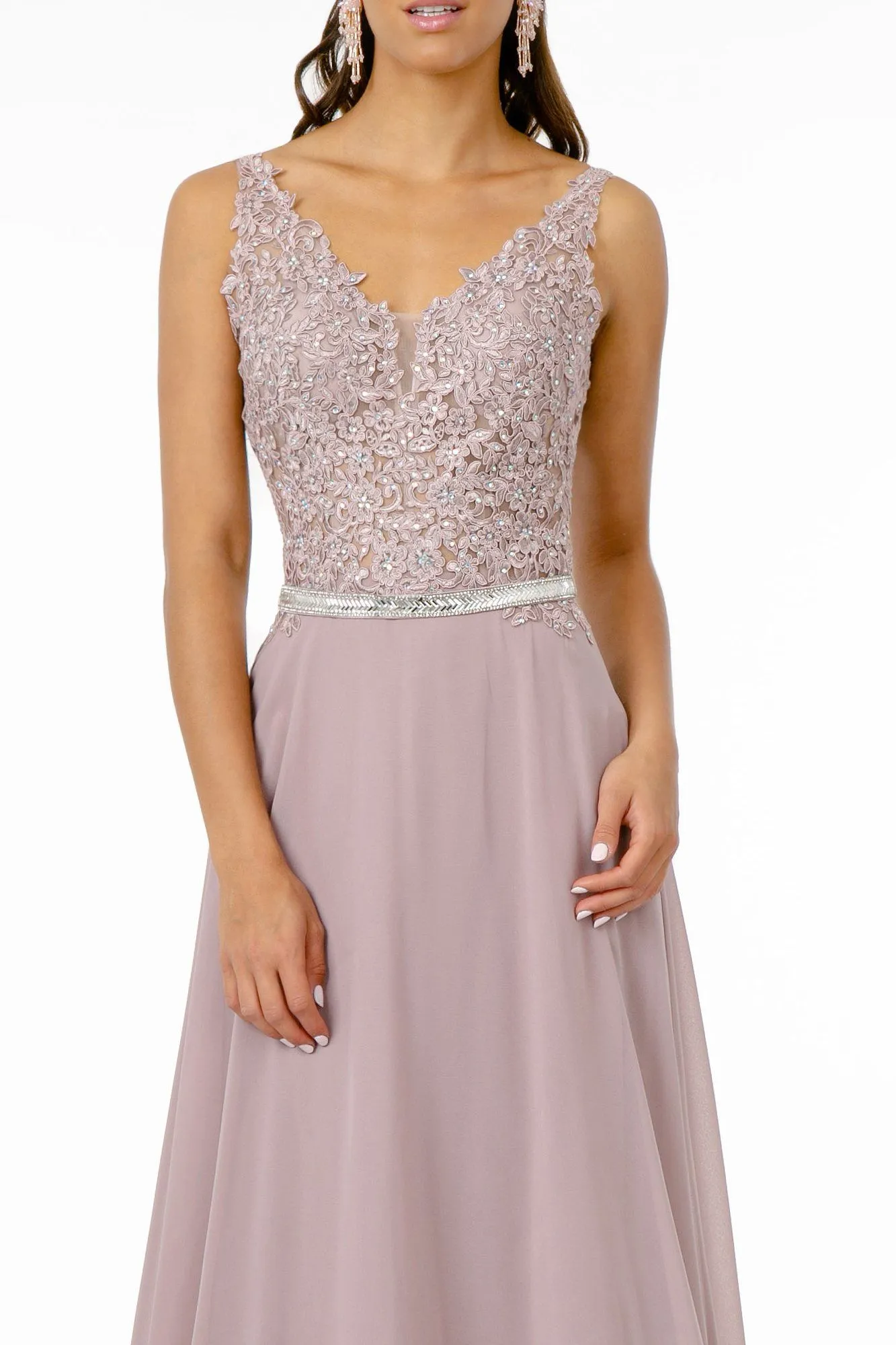 Long Illusion V-Neck Dress with Embroidered Top by Elizabeth K GL2653