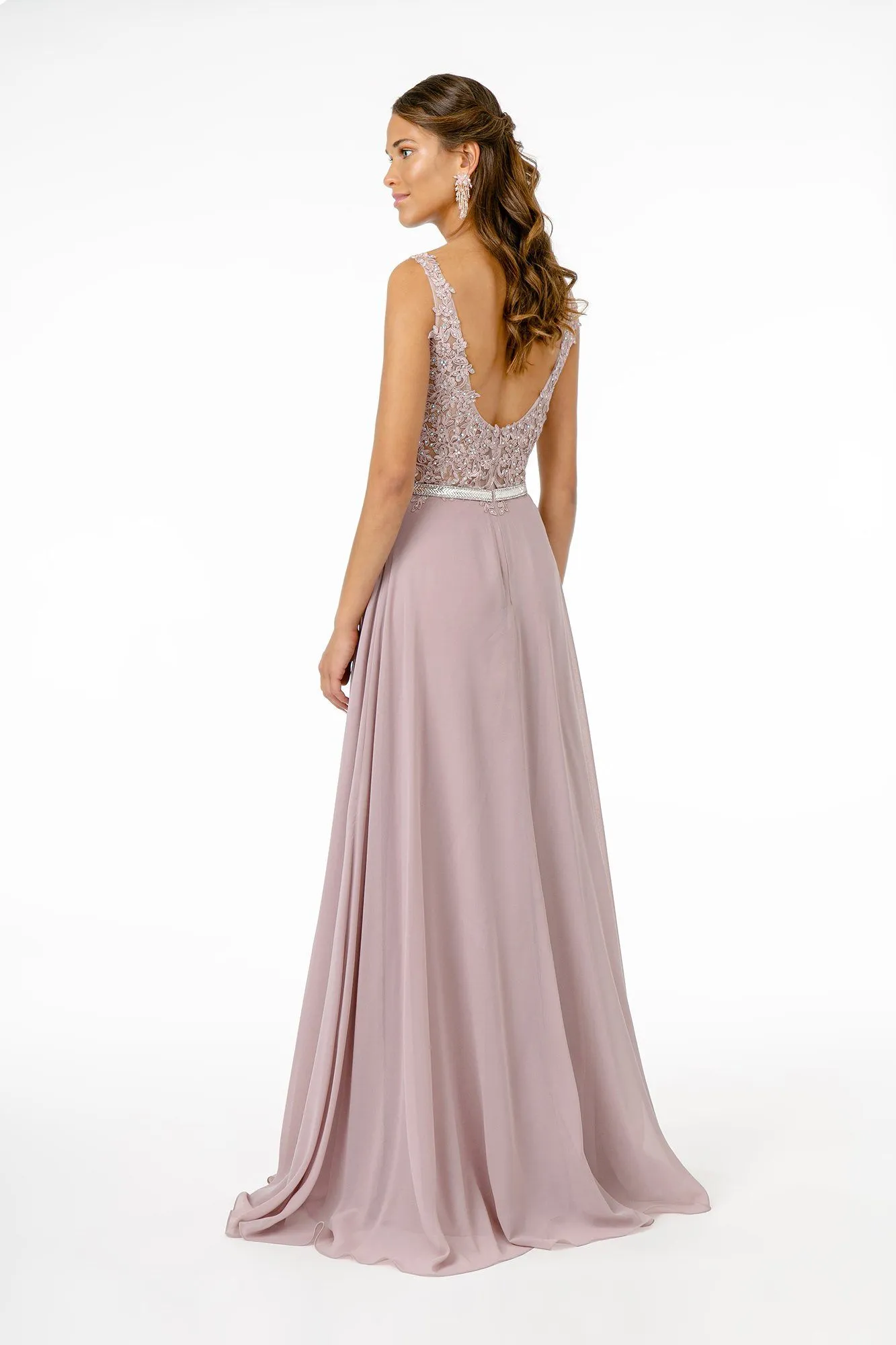 Long Illusion V-Neck Dress with Embroidered Top by Elizabeth K GL2653