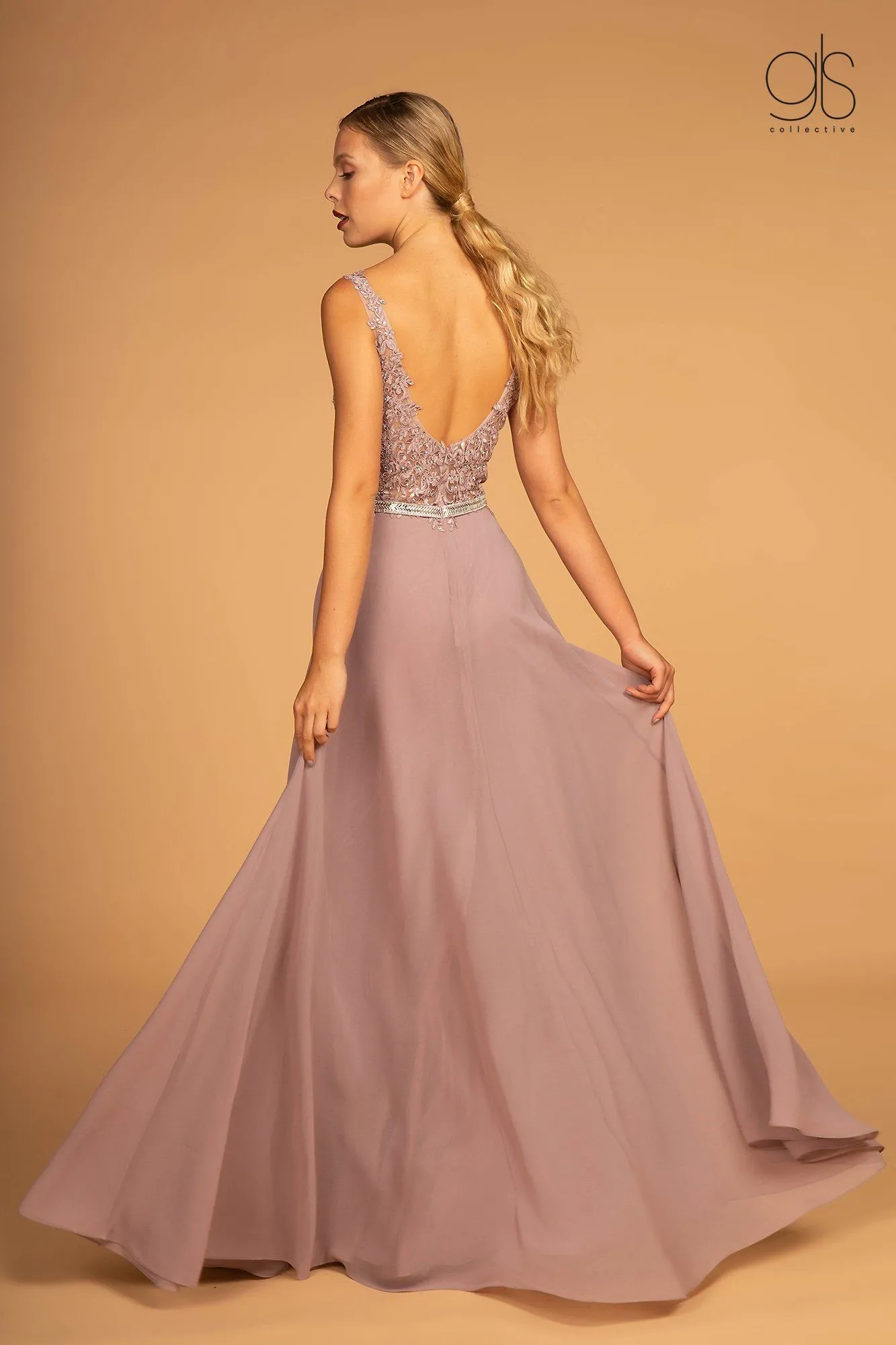 Long Illusion V-Neck Dress with Embroidered Top by Elizabeth K GL2653