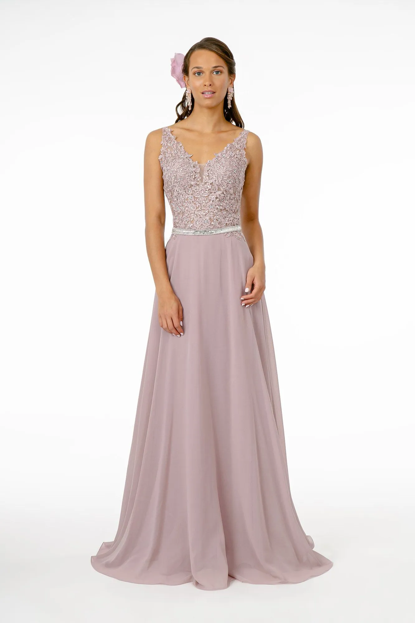 Long Illusion V-Neck Dress with Embroidered Top by Elizabeth K GL2653