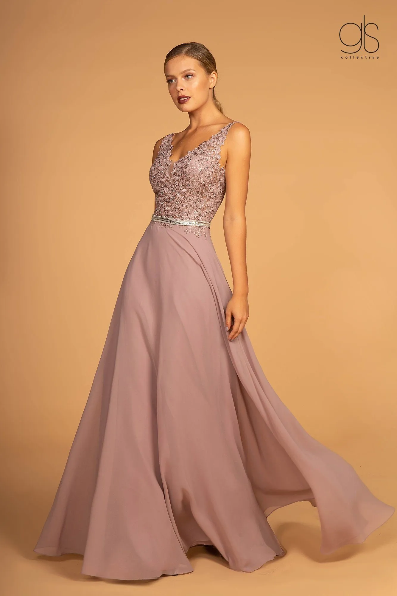 Long Illusion V-Neck Dress with Embroidered Top by Elizabeth K GL2653