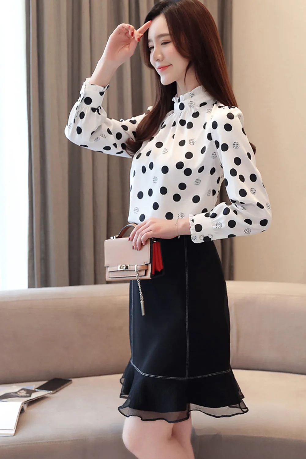 Long Sleeve Polka Dot Stand Collar Blouse Shirt