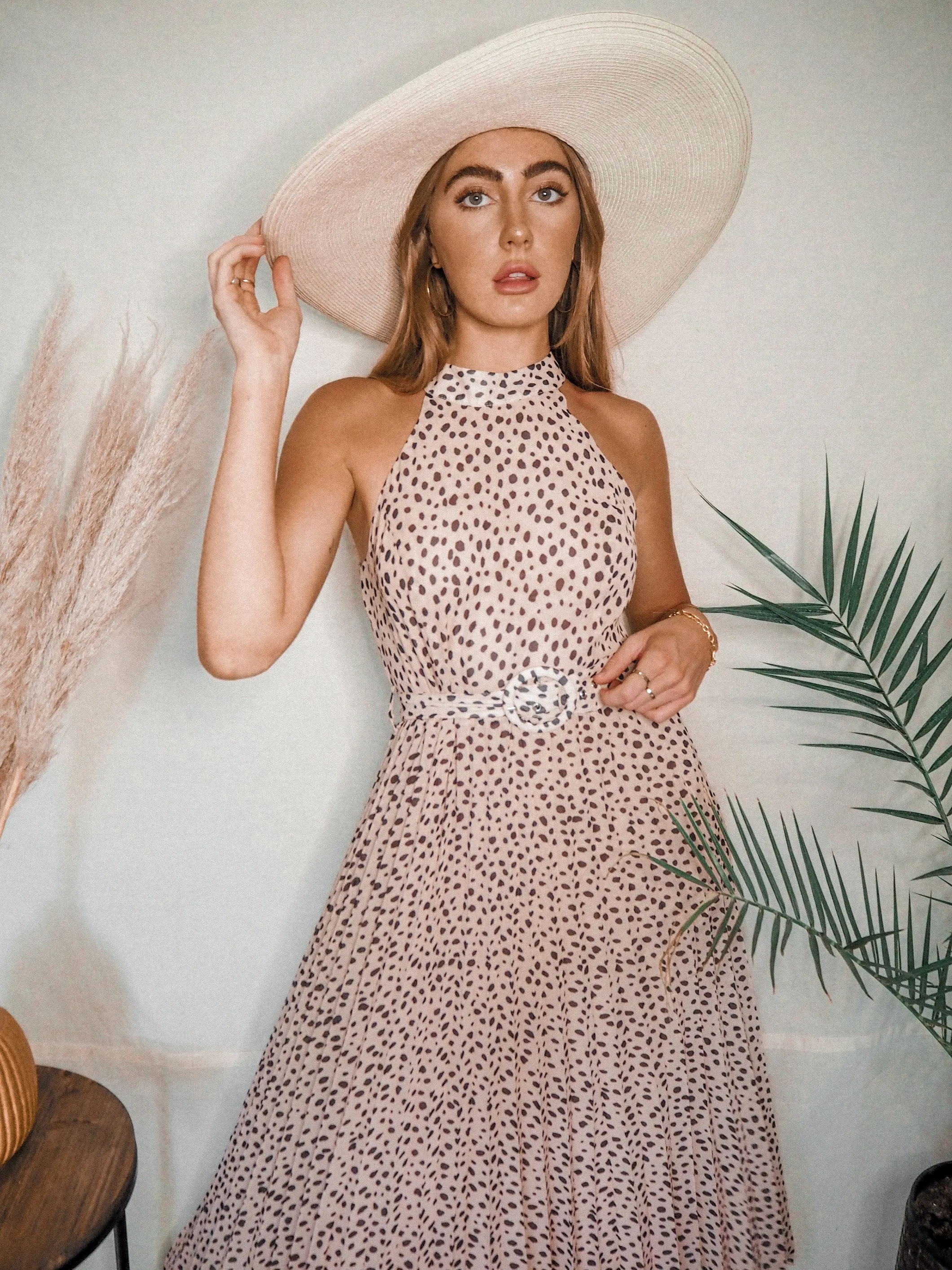Luisa Belted Pleated Maxi Dress / Neutral Animal Print