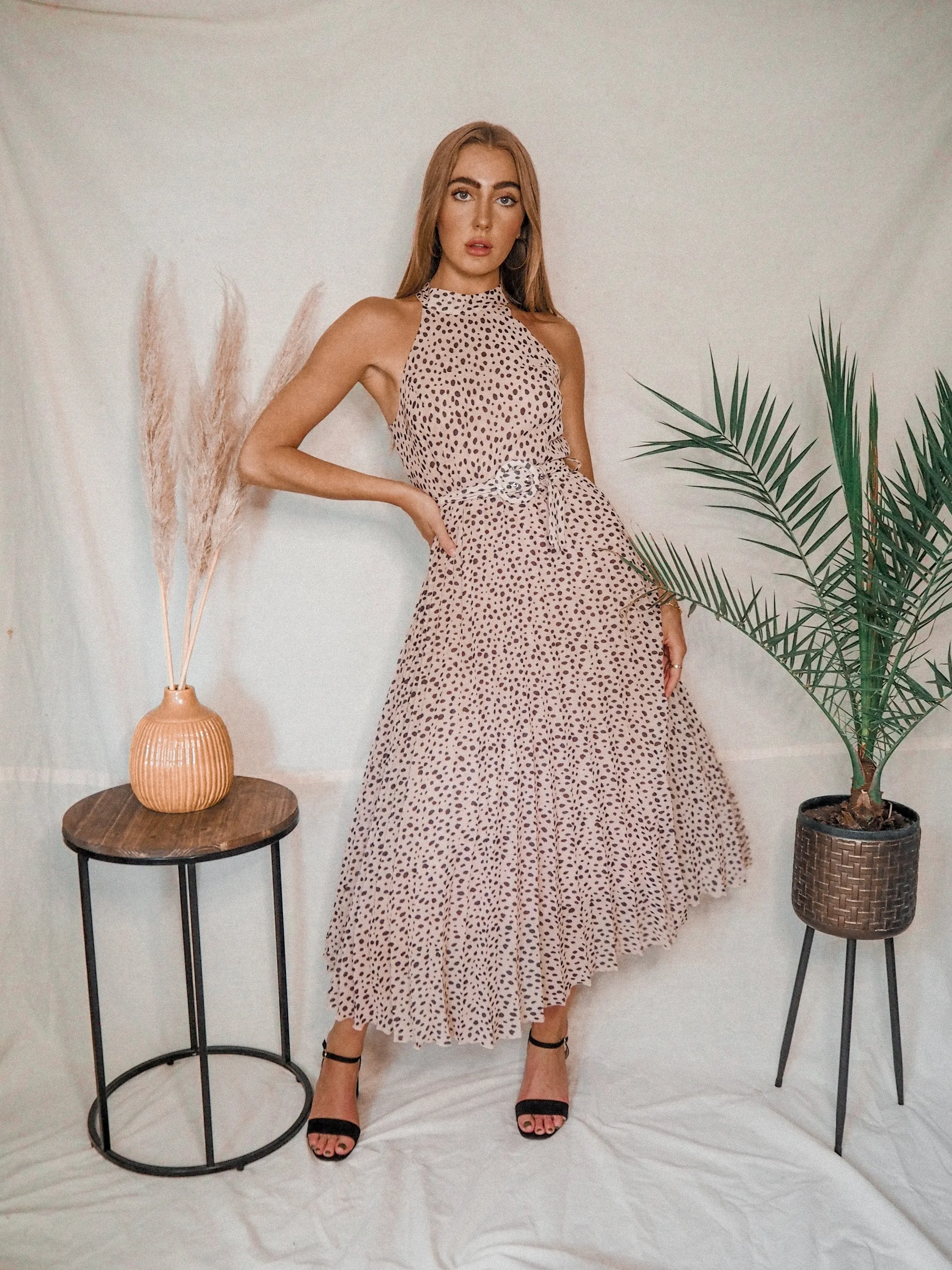 Luisa Belted Pleated Maxi Dress / Neutral Animal Print