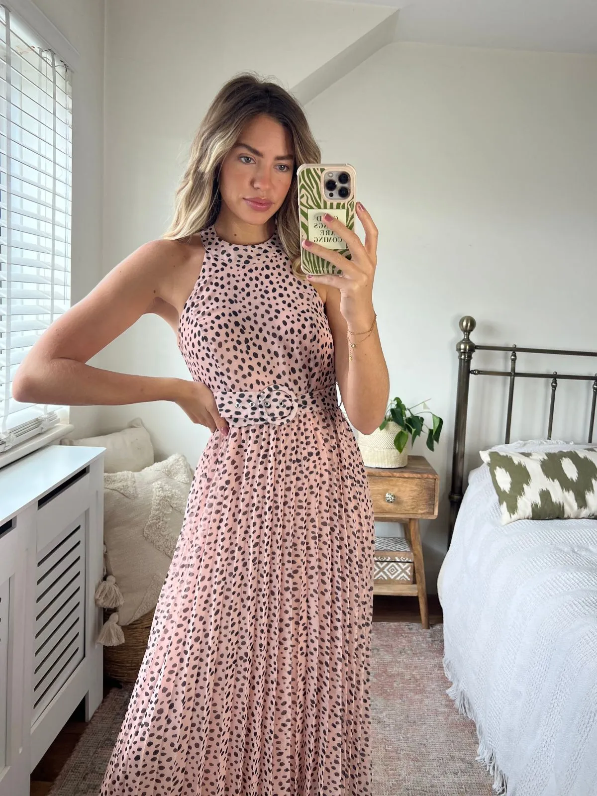 Luisa Belted Pleated Maxi Dress / Neutral Animal Print