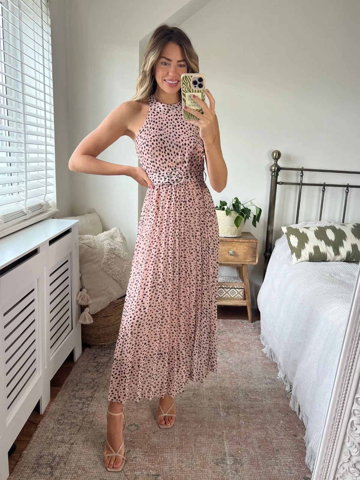 Luisa Belted Pleated Maxi Dress / Neutral Animal Print
