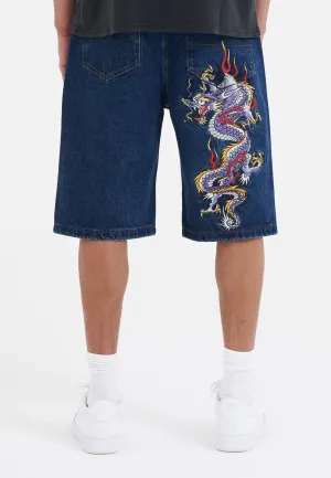 Mens Battle Dragon Denim Jorts Shorts - Indigo