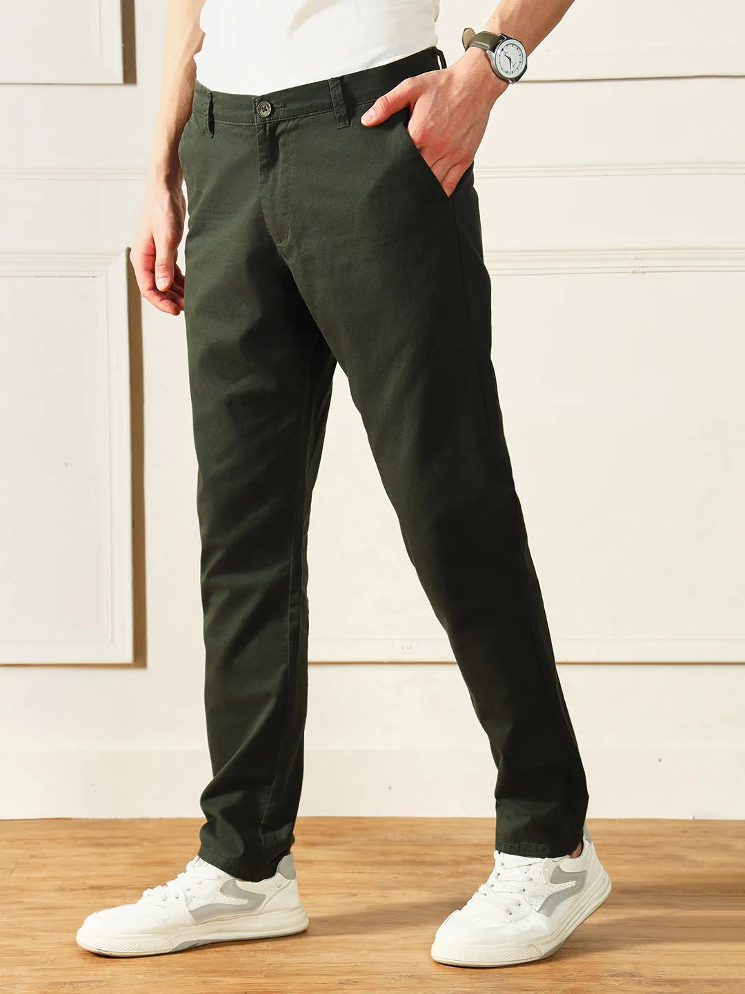 Men's Dark Green Solid Chinos