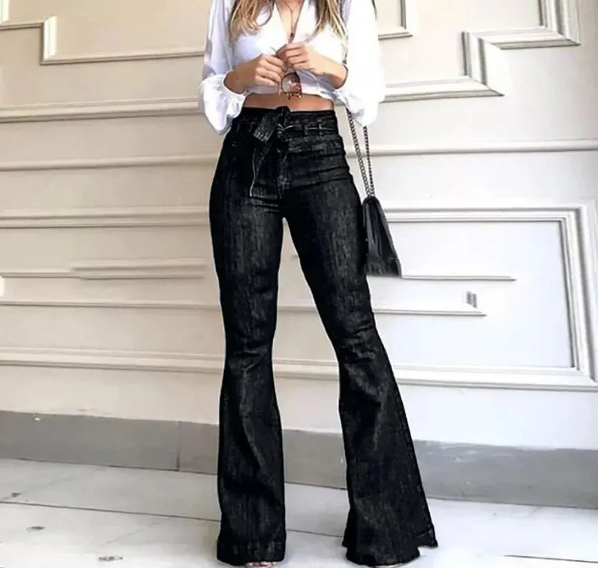 MQTIME  -  2024 New High-waist Micro-elastic Lace-up Flared Pants Wide-leg PantsWomen's Jeans Jeans Woman  Ripped Jeans for Women