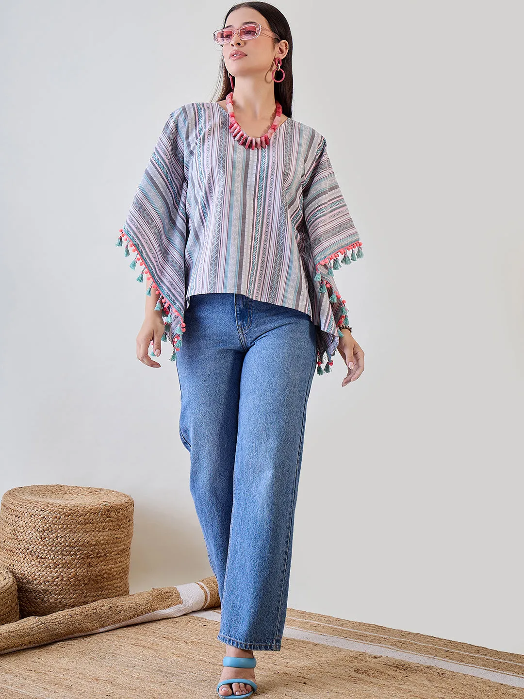 Multicoloured Decorative Striped Pom Pom Lace Embellished Cotton Kaftan Top