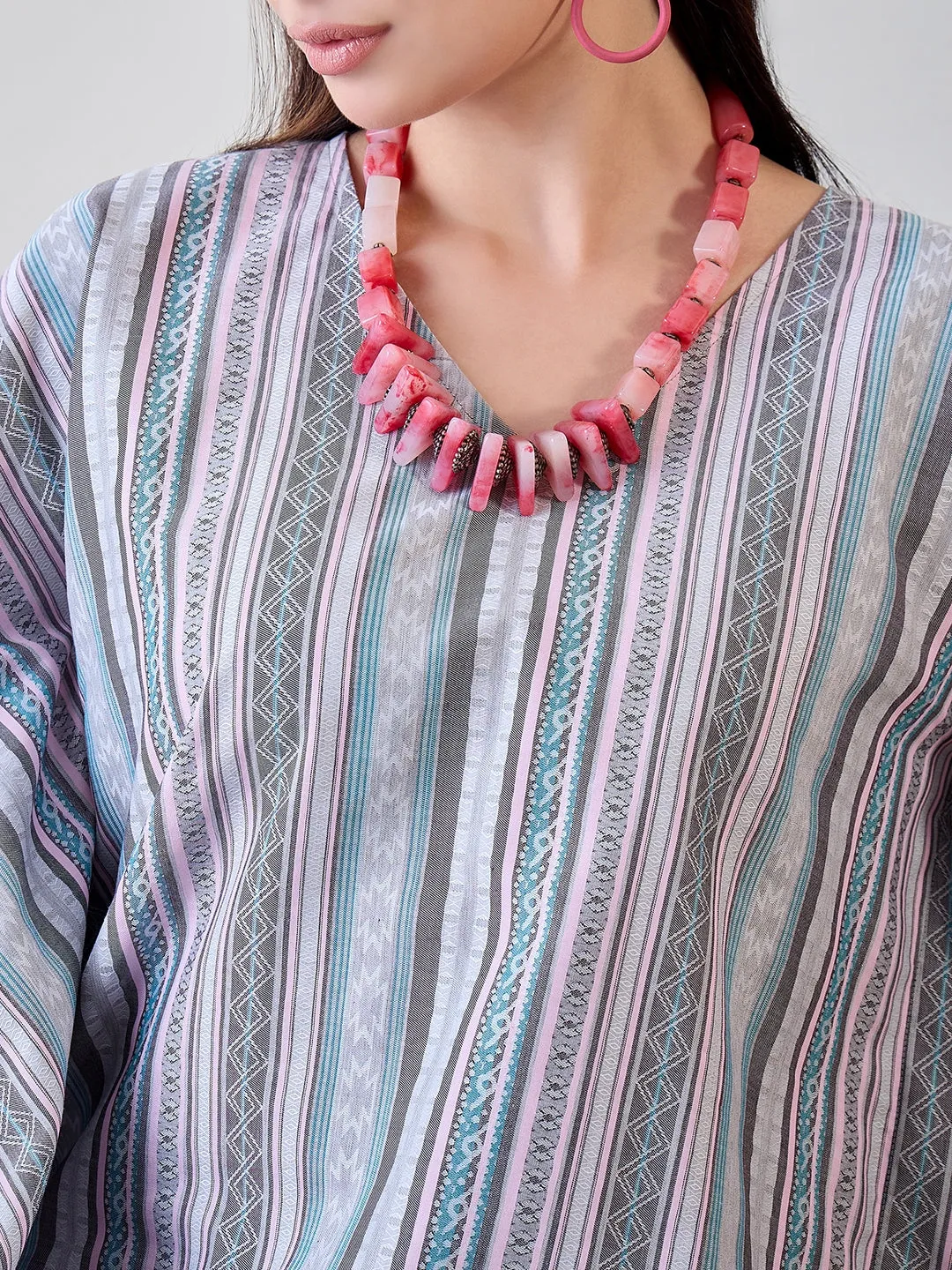 Multicoloured Decorative Striped Pom Pom Lace Embellished Cotton Kaftan Top