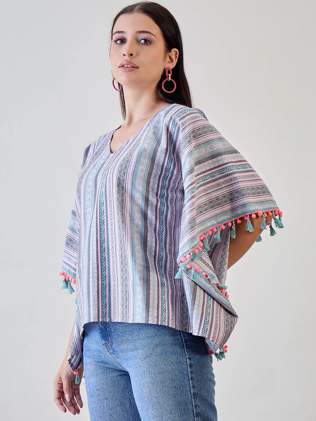 Multicoloured Decorative Striped Pom Pom Lace Embellished Cotton Kaftan Top