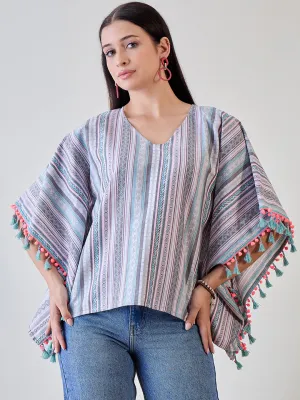 Multicoloured Decorative Striped Pom Pom Lace Embellished Cotton Kaftan Top
